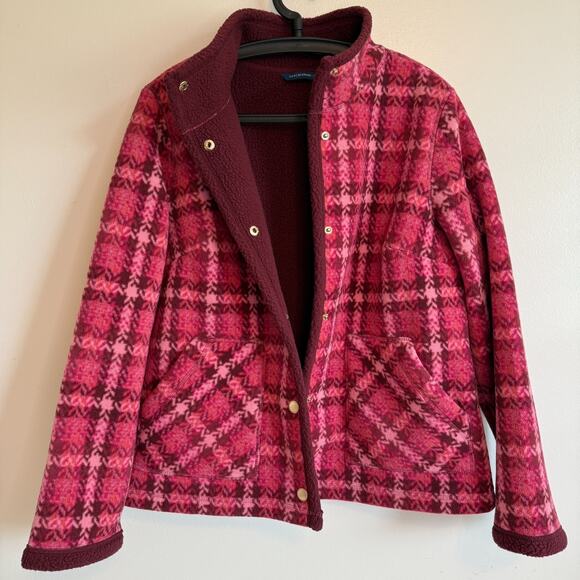 Isaac Mizrahi Live Womens Red Plaid Fleece Full Button Jacket Med Walking - Picture 4 of 13